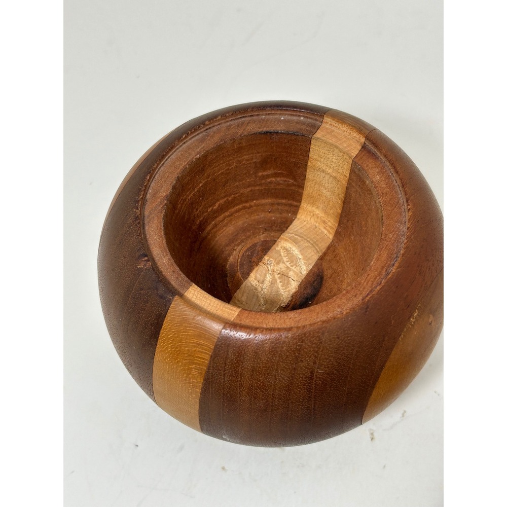 Vintage MCM Hand Turned Mixed Wood Inlay Apple Jar with Lid Brown Striped - Picture 6 of 8